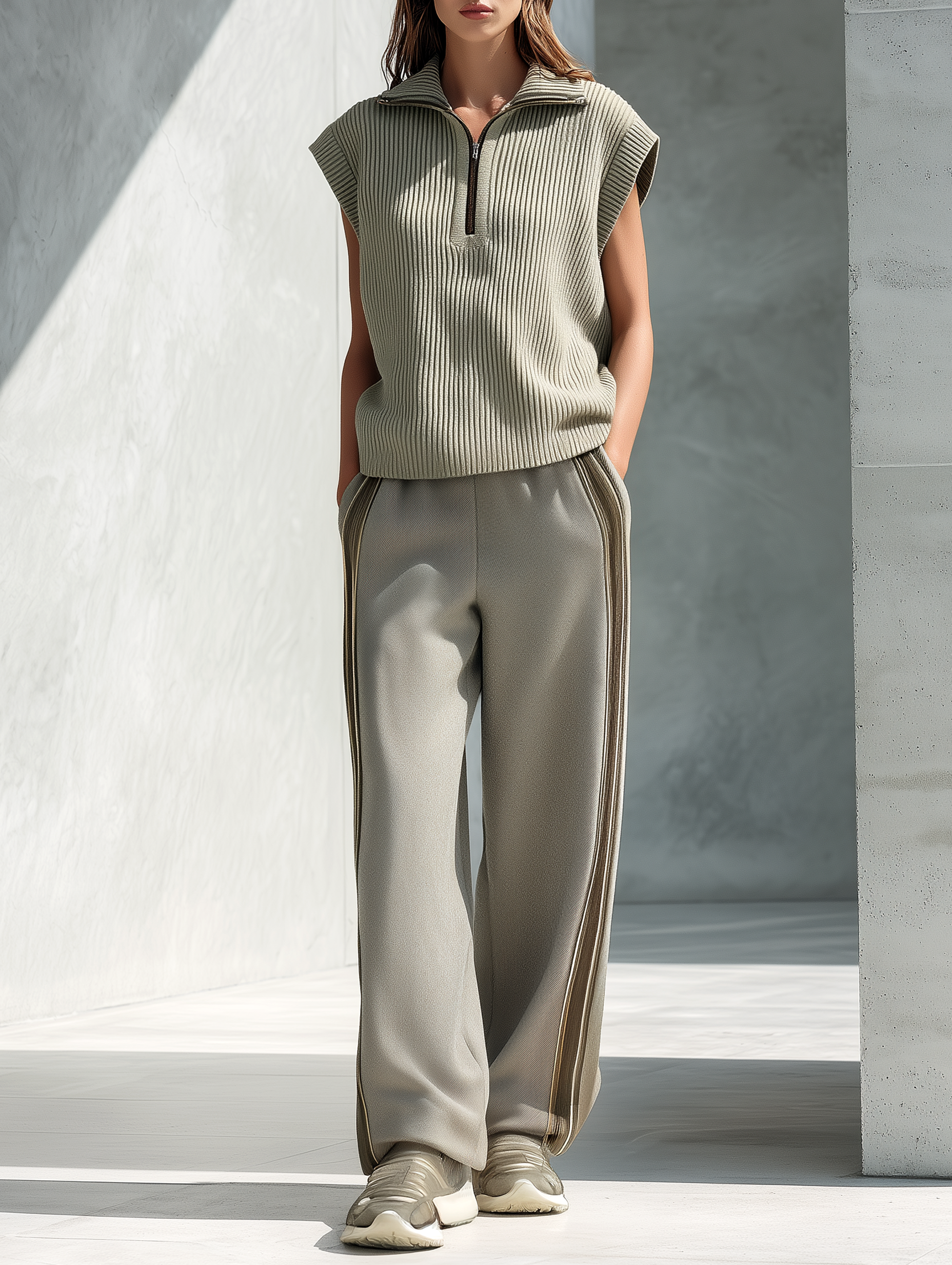 Relaxed-Fit Ash-Green Knitted Sleeveless Vest & Casual Wide-Leg Pants Set